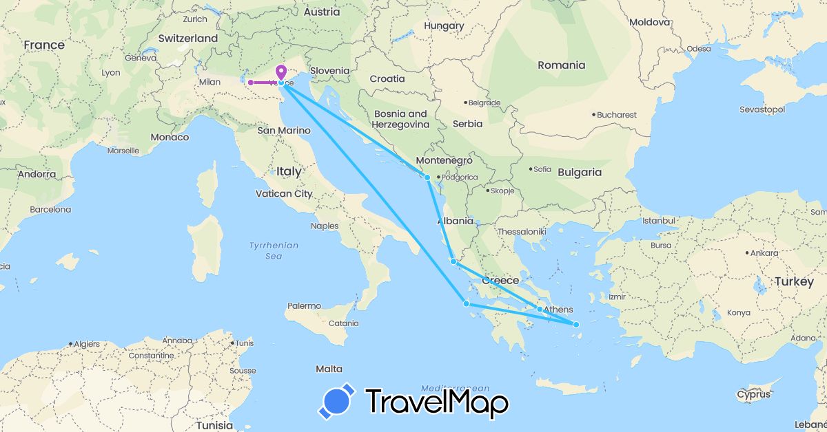 TravelMap itinerary: driving, train, boat in Greece, Italy, Montenegro (Europe)